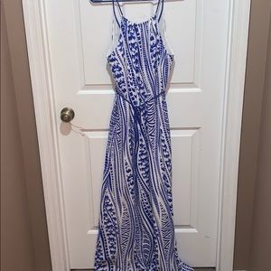 Blue and white Aztec patterned maxi dress.